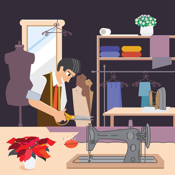 Ένα προσεγμένο ράψιμο ρούχα, εικονογράφηση φορέα / ένα προσεγμένο ράψιμο ρούχα, εικονογράφηση φορέα. Κόπτης στην εργασία. Ράφτες αρσενικό μοδίστρα από ύφασμα - Διάνυσμα, εικόνα