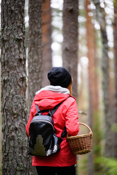 νεαρή γυναίκα με κόκκινο σακάκι απόλαυση της φύσης στο δάσος. Λετονία - Φωτογραφία, εικόνα