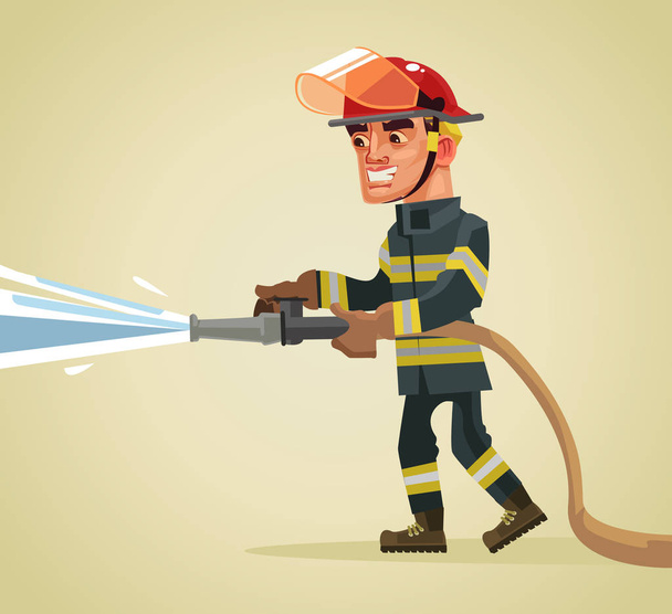 Smiling fireman character holding hose extinguishing fire with water. Vector flat cartoon illustration - Vector, Image