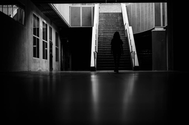Black silhouette of a girl walking towards a few stairs in the city - Zdjęcie, obraz