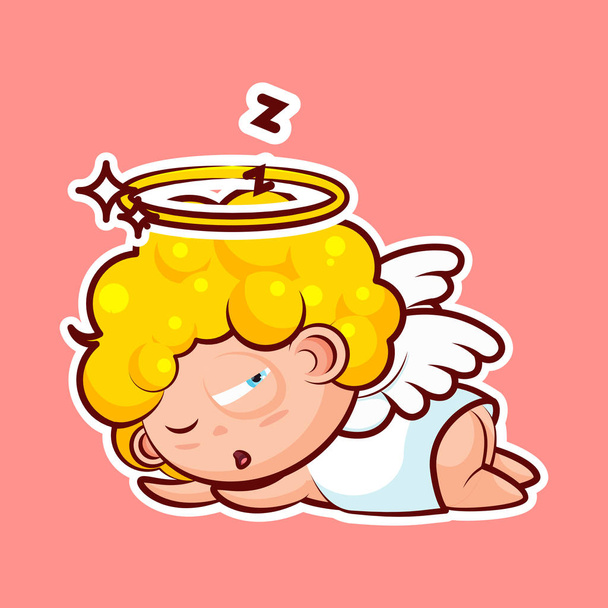 Sticker emoji emoticon, émotion sommeil sur le ventre, s'allonger, somnoler, somnolent vecteur sieste personnage douce entité divine, ange céleste, ailes d'ange saint esprit, halo radieux
 - Vecteur, image