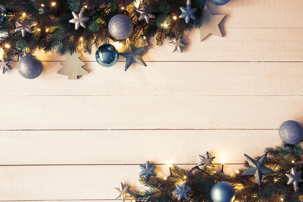 Turquoise Christmas Banner, Frame, Fir Branches, Instagram Filter - Foto, imagen