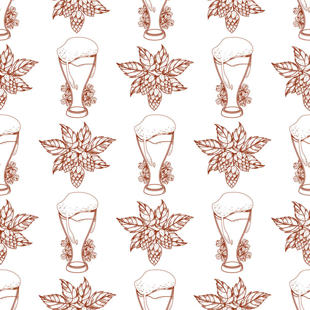 glasses of foamy beer and hops - Vector, Image