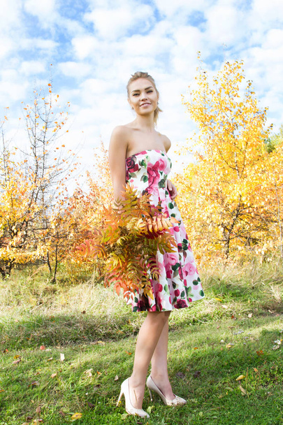 秋の森で明るいドレスの女の子 - 写真・画像
