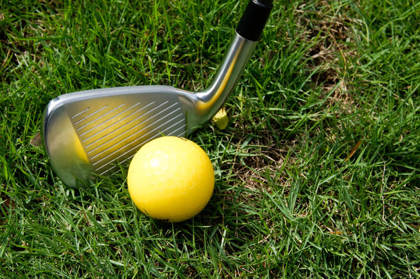 Golf topu ve golf demir yeşil çimenlerin üzerinde - Fotoğraf, Görsel