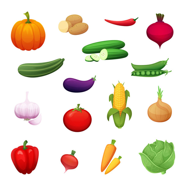 Dibujos animados ilustración de verduras saludables cultivadas en una granja. Un conjunto de elementos para su diseño. Iconos vectoriales para señalización, menús, banners y secciones
 - Vector, imagen