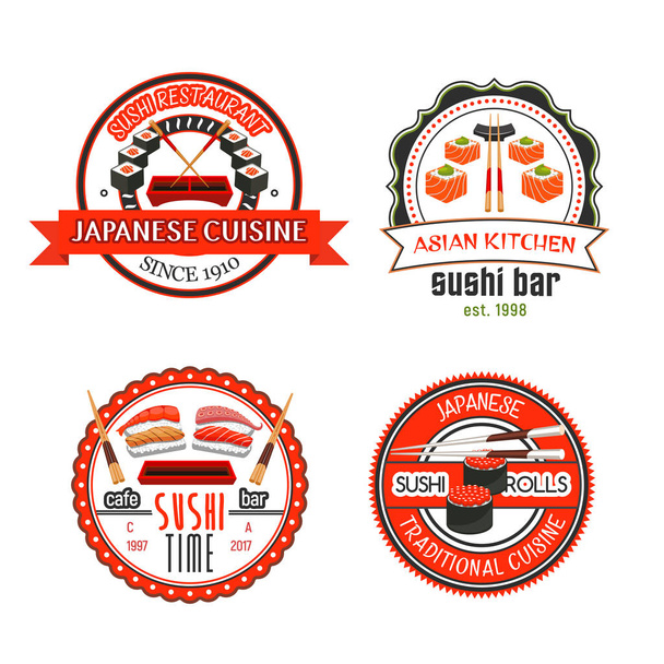 Japanese sushi bar icons with asian food - Vector, Image