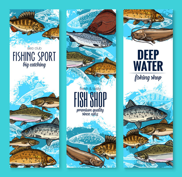 Deniz balık bannerları deniz ürünleri ya da tasarım Balık tutma - Vektör, Görsel