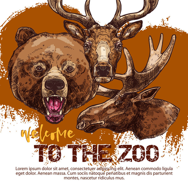 スケッチのクマ、親愛なるエルクと動物園動物バナー - ベクター画像
