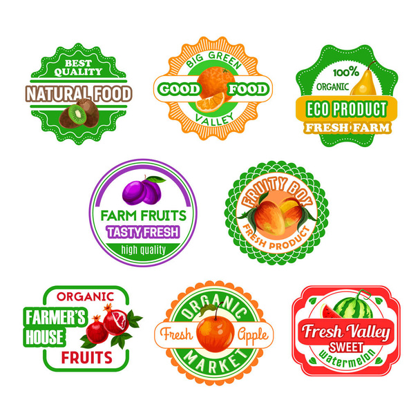 Фруктові етикетки для екологічної ферми Дизайн продуктів харчування та соків
 - Вектор, зображення