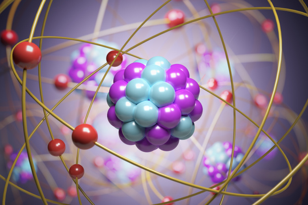 Ilustración 3D de partículas elementales en el átomo. Física
 - Foto, imagen