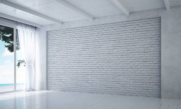 Το εσωτερικό σχέδιο των άδειο λευκό σαλόνι και λευκό τούβλο υφή τοίχο φόντο - Φωτογραφία, εικόνα