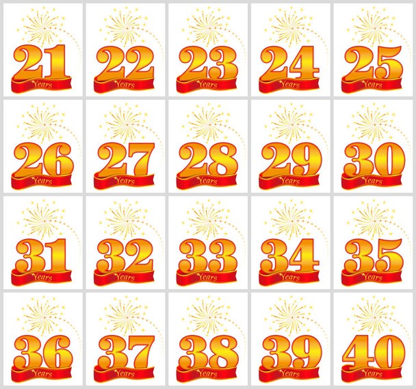 Set di numeri d'oro da 21 a 40 e la parola dell'anno sullo sfondo di un nastro rosso. Illustrazione vettoriale
. - Vettoriali, immagini