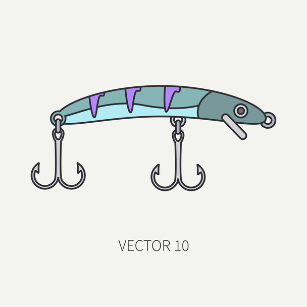 Line flat color vector fisher, camping icon fishing hook, baubles, wobbler. Fisherman equipment. Retro cartoon style. Holiday travel. Spinning. Illustration and element for your design and wallpaper. - Vektori, kuva