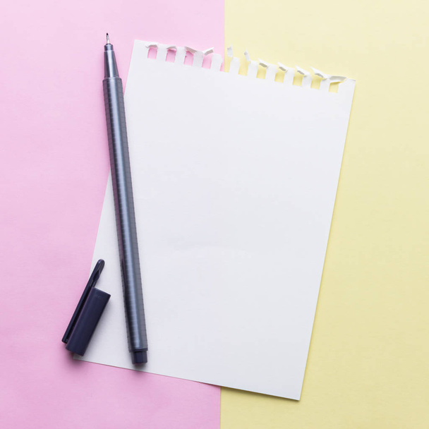 blank paper and pen on pastel background - Fotoğraf, Görsel