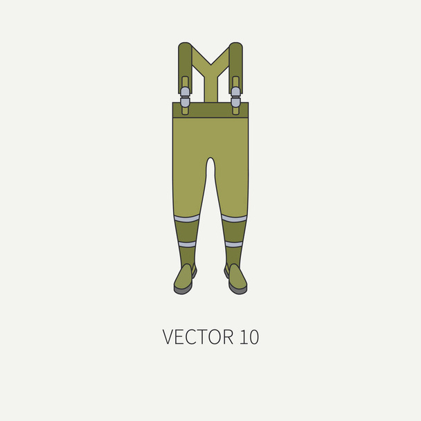 Line flat color vector fisher and camping icon fishing boots. Fisherman equipment. Retro cartoon style. Holiday travel. Spinning. Boat. Nature. Illustration and element for your design and wallpaper. - Vektör, Görsel