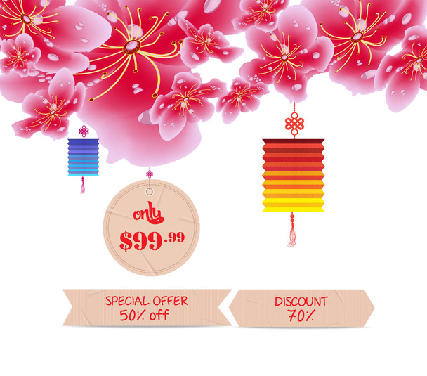 Spring sale label design with sakura flowers. Cherry blossoms and lantern, chinese new year  - Vektori, kuva