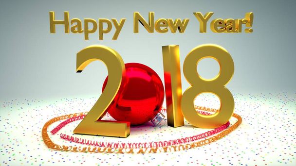 Frohes neues Jahr 2018 mit goldenen Zahlen und roter Christbaumkugel - Foto, Bild