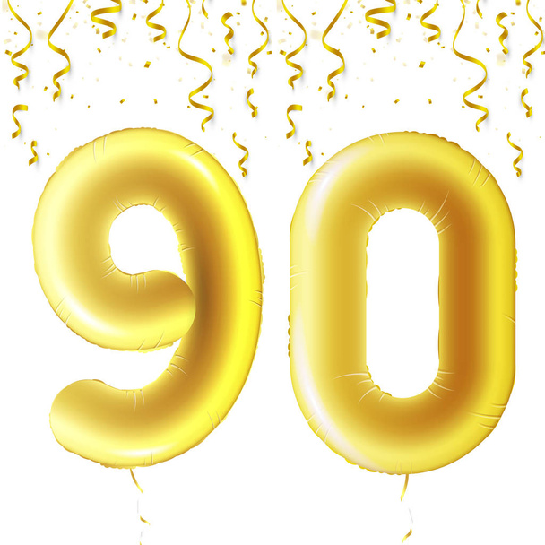 Inflatable golden balls with falling confetti and hanging ribbons. Ninety years, symbol 90. Vector illustration, logo or poster for ninetieth birthday celebrating. - Vector, Image