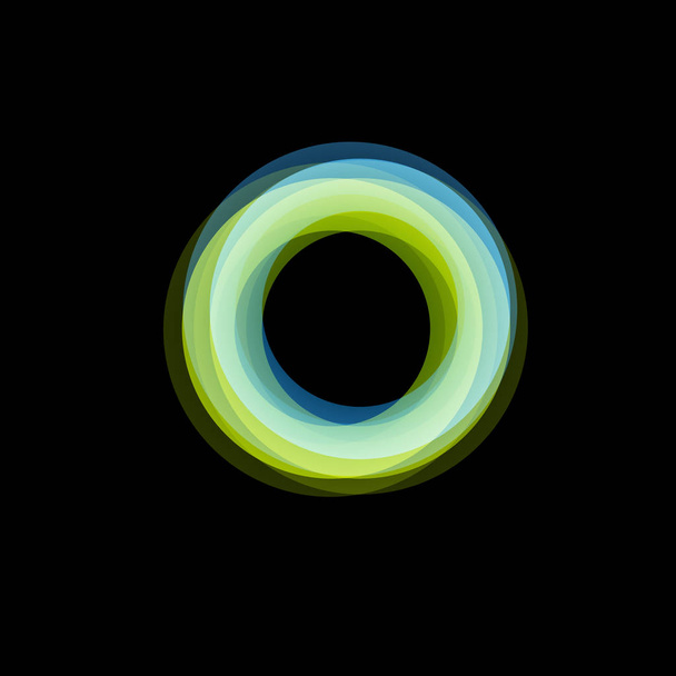 Logo abstracto de embudo aislado, forma lineal inusual, logotipo de línea circular. aros luminosos, anillos, ilustración gráfica de la rueda sobre el fondo negro
. - Vector, imagen