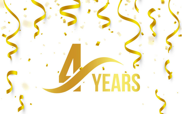 Isolated golden color number 4 with word years icon on white background with falling gold confetti and ribbons, 4th birthday anniversary greeting logo, card element, vector illustration - Vector, Image