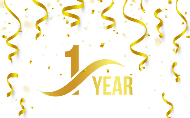 Gouden kleurnummer 1 met woord jaar pictogram op witte achtergrond met vallende gouden confetti en linten, eerste verjaardag verjaardag groeten logo, kaart element, vectorillustratie geïsoleerd - Vector, afbeelding