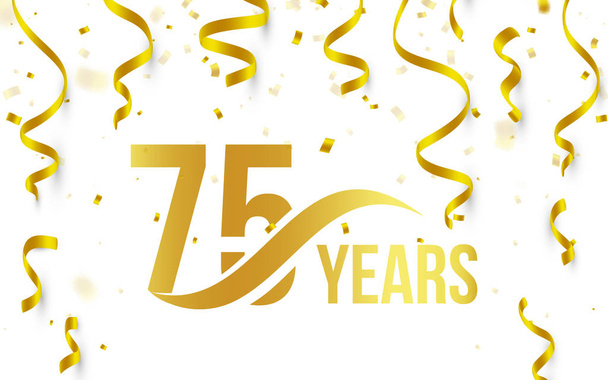 Gouden kleurnummer 75 met woord jaar pictogram op witte achtergrond met vallende gouden confetti en linten, 75e verjaardag verjaardag groeten logo, kaart element, vectorillustratie geïsoleerd - Vector, afbeelding