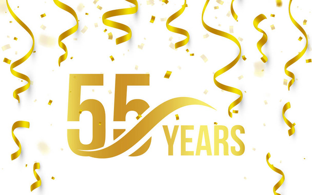 Altın rengi sayı 55 kelime yıl simgesi altın düşme ile beyaz zemin üzerine konfeti ve kurdeleler, 55 doğum günü Yıldönümü tebrik logo, kartı öğe, vektör çizim ile izole - Vektör, Görsel