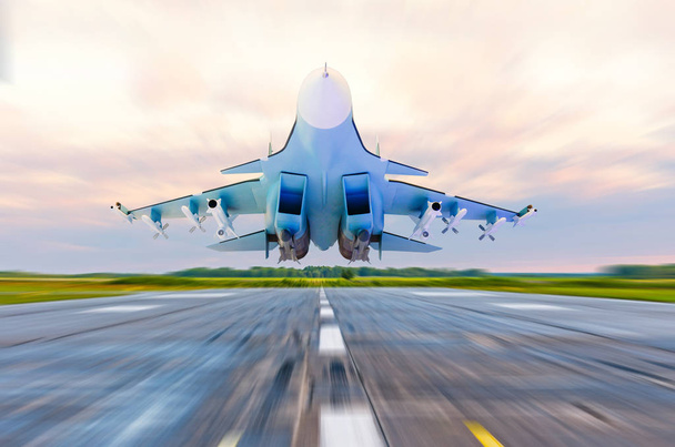 Avión de combate militar vuela a alta velocidad sobre la pista de rodaje en el aeropuerto
 - Foto, Imagen