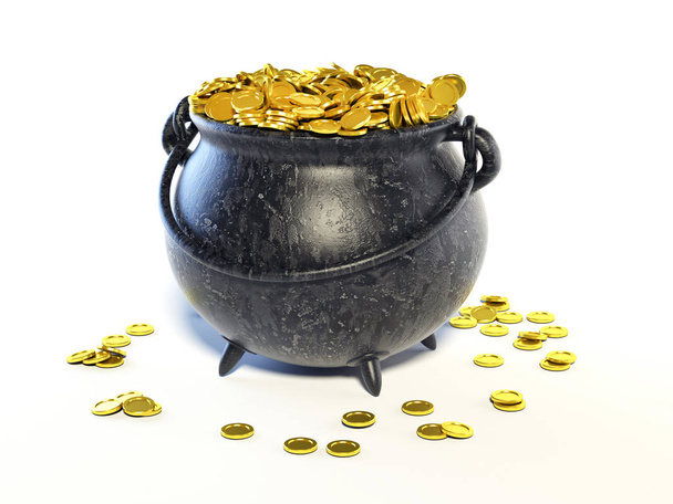 Iron pot full of golden coins - Patrick Day cauldron 3d rendering - Φωτογραφία, εικόνα