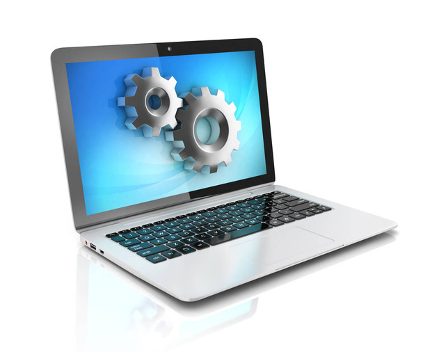 Computer service, laptop with gears 3d rendering - Fotó, kép