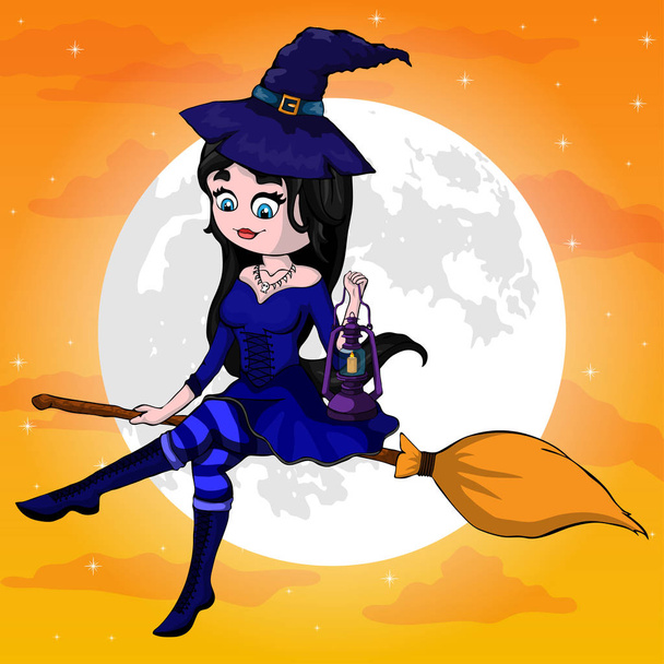 Vector Illustration of a Halloween Witch Flying on a Broomstick - Vector, Image