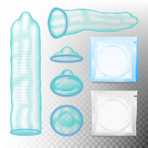 Realistischer Kondomvektor. Hilfestellung zum Schutz. ausgepackte und verpackte Kondome. Verhütungs- und Sexualschutzkonzept. isoliert auf transparentem Hintergrund - Vektor, Bild