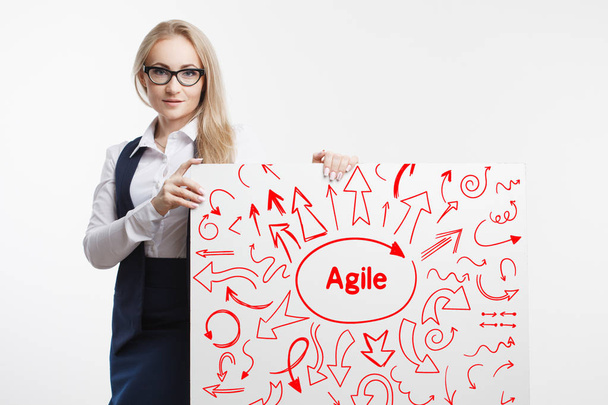 Technology, internet, business and marketing. Young business woman writing word: Agile. - Foto, afbeelding