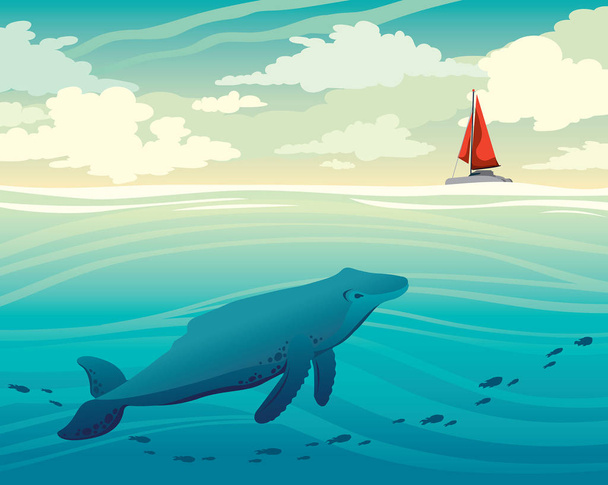 Whale, fish, sea and sailboat, sky, clouds. Nature seascape. - Vector, imagen