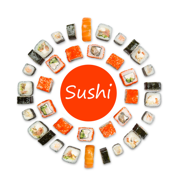 Sushi, maki és tekercs elszigetelt fehér background - Fotó, kép
