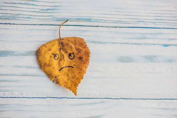 Yellow leaf on the wooden background - Foto, afbeelding