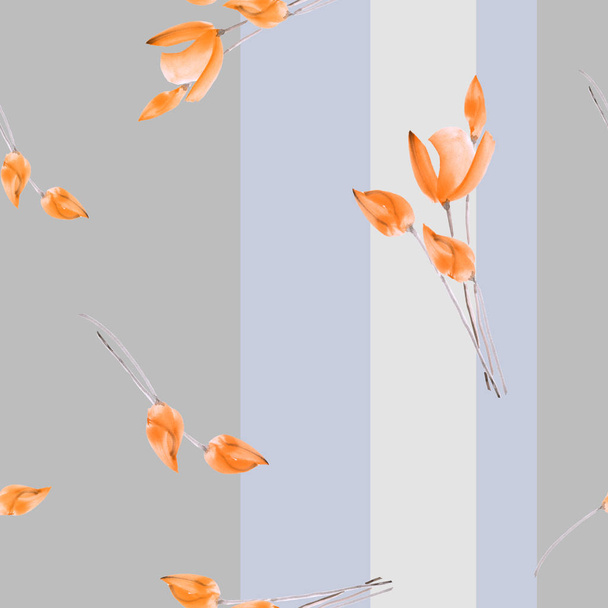 Seamless pattern watercolor of orange tulips on a gray background with vertical gray and violet stripes - Foto, imagen