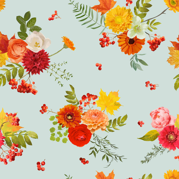 Autumn Nture Seamless Pattern. Floral Background with Maple Leaves and Flowers in Vector - Διάνυσμα, εικόνα