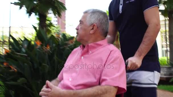 Сын гуляет с отцом-инвалидом в инвалидном кресле в парке
 - Кадры, видео