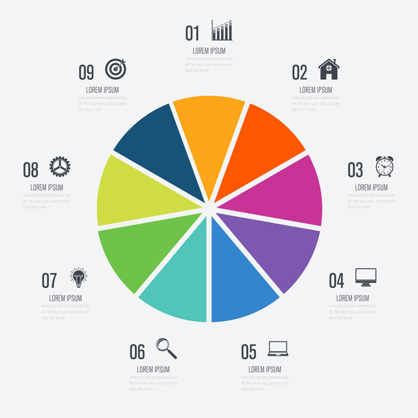 Infographics template 9 options with circle - Vettoriali, immagini