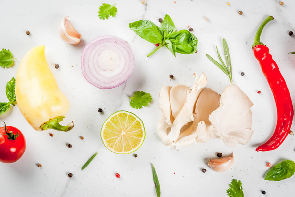 Food cooking background, white marble table. Fresh raw organic v - Foto, Bild