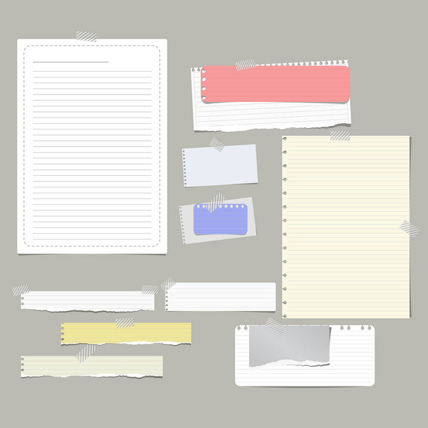 Torn ruled, note, notebook, copybook paper strips, sheets stuck with sticky tape on gray background. - Vector, Image