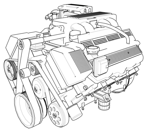 Powerful car engine. The engine is drawn with black lines on a white background. - Vector, Image