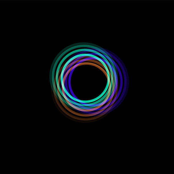 Logo abstracto de embudo aislado, forma lineal inusual, logotipo de línea circular. aros luminosos, anillos, ilustración gráfica de la rueda sobre el fondo negro
. - Vector, imagen