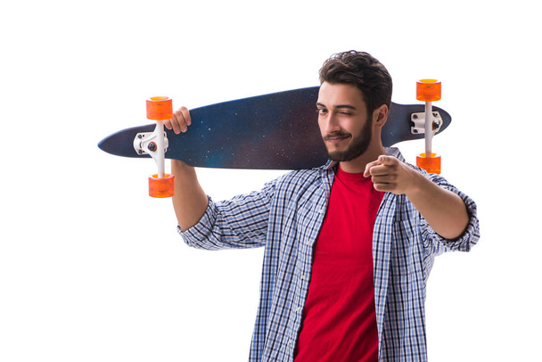 Jovem skatista com um skate longboard isolado em branco - Foto, Imagem