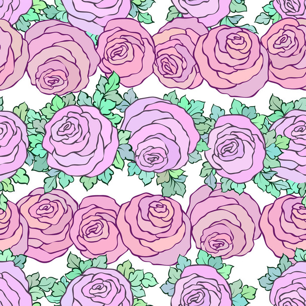 Floral decorative colorful bright wallpaper with cute roses, seamless pattern on white background - Vector, Image