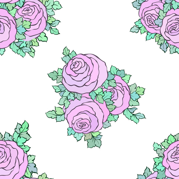 Floral decorative colorful bright wallpaper with cute roses, seamless pattern on white background - Vecteur, image
