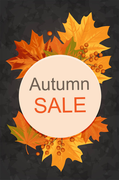 Autumn background with yellow leaves and frame with inscription is sold on a black background. - Vector, afbeelding