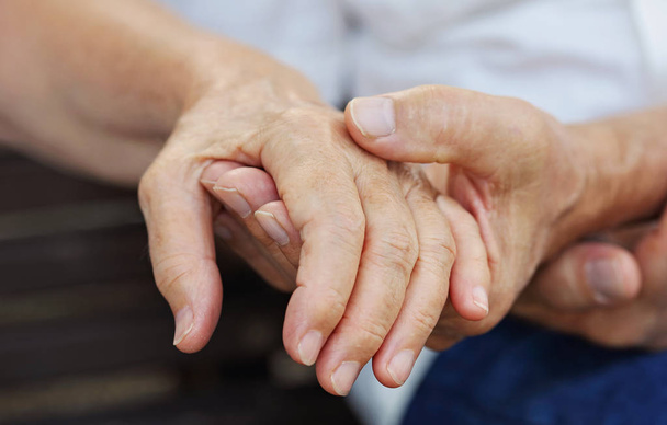 Elderly couple holding hands. Love, tenderness, togetherness, trust, support concept. - Foto, Imagen